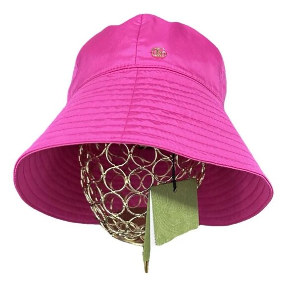 NWT GUCCI NYLON BUCKET PINK HAT GG logo Gold Size L